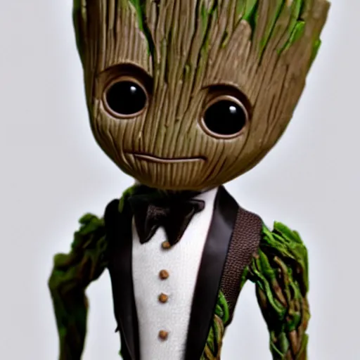 Image similar to baby groot in a tuxedo
