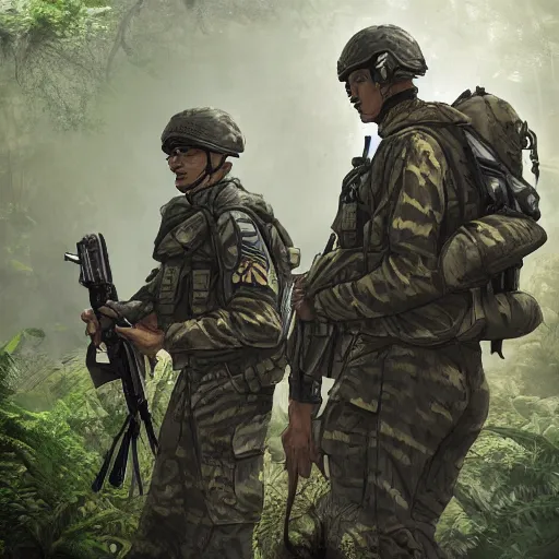 Prompt: Special Forces soldiers in grey uniforms fighting in the jungle in Thailand 2018, dynamic composition, cinematic lighting, warm and vibrant colors, art by Sam Weber and Michael C Hayes, 8k, trending on artstation, hyper detailed, cinematic