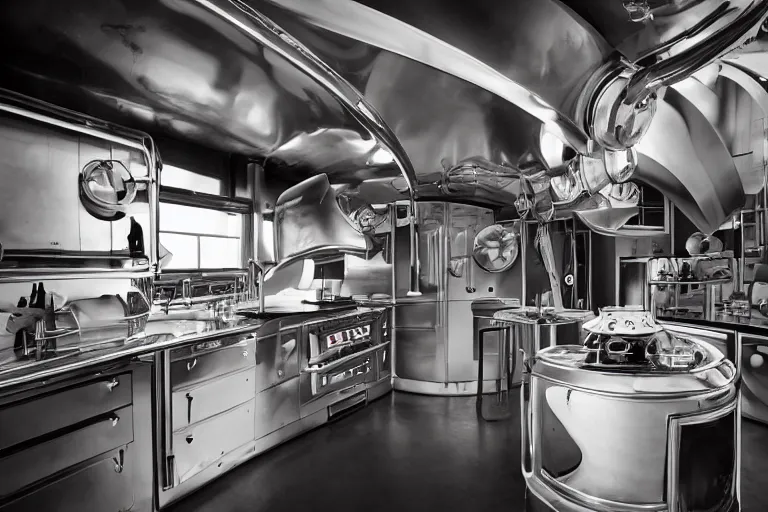 Prompt: a kitchen with kitchenisle by peter vetsch, dieselpunk design, streamlined, aluminium hull, metal, iron, photography, promotional photoshoot, zeiss!!! lens, canon eos, redmagic - cinema, design, studio lighting, 8 k, high detail