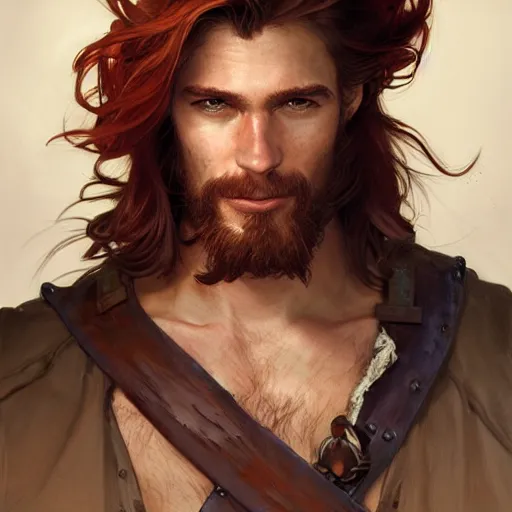 Image similar to portrait of a young ruggedly handsome but joyful pirate, male, masculine, upper body, red hair, long hair, d & d, fantasy, piercing eyes, intricate, elegant, highly detailed, digital painting, artstation, concept art, matte, sharp focus, illustration, art by artgerm and greg rutkowski and alphonse mucha