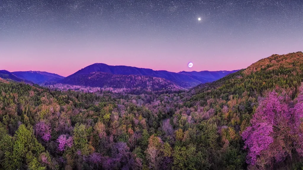 Image similar to Panoramic photo where the mountains are towering over the valley below their peaks shrouded in mist. The moon is just peeking over the horizon and the purple sky is covered with stars and clouds. The river is winding its way through the valley. The tree are a bright blue.