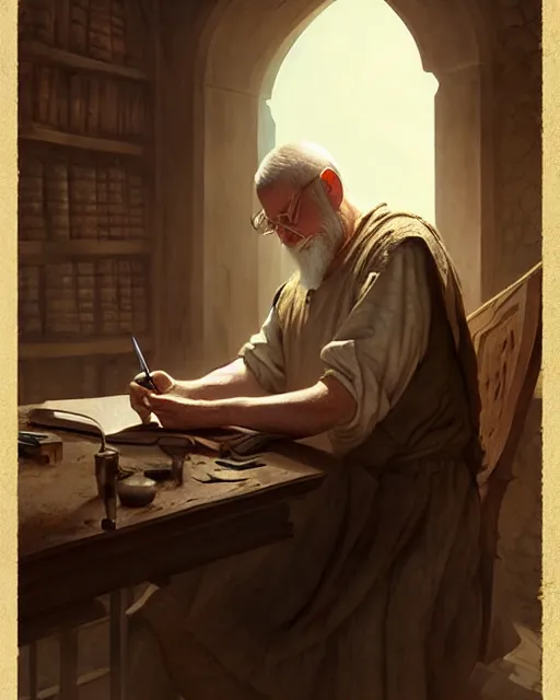 Image similar to old male scribe writing a book, middle ages | | realistic shaded, fine details, realistic shaded lighting poster by greg rutkowski, diego gisbert llorens, magali villeneuve, artgerm, jeremy lipkin and rob rey