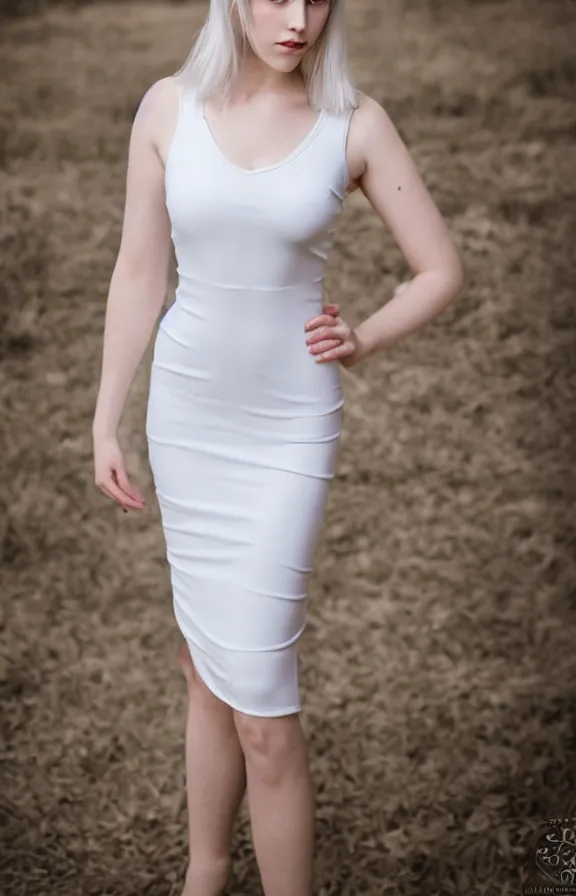 Image similar to 2 8 mm studio photo of gorgeous seductive emily skinner cosplaying annie leonhart wearing tight white dress, beautiful face, pale skin, rule of thirds, cinematic lighting, sharp focus, backlit, stunning, smooth, hard focus, full body shot