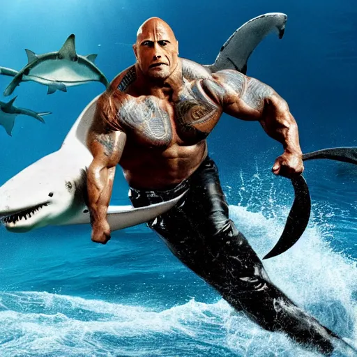 Prompt: photo!!!! of Dwayne Johnson riding a shark in the middle of the ocean, full shot, highly detailed face, highly detailed shark, 8k, cinematic, reflections, lightning