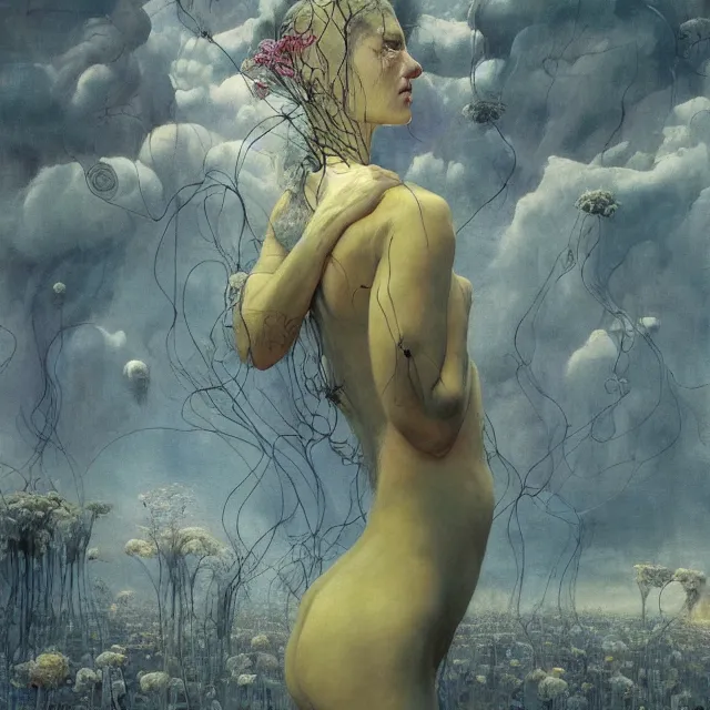 Image similar to A portrait of a woman wearing clothes made out of thunder clouds and flowers, silhouettes of people floating in the air in the background, apocalypse, yellow skin, Masterpiece, glowing, wires everywhere, by Edgar Maxence and Ross Tran, Zdzisław Beksiński, and Michael Whelan, distant, gustav dore, H.R. Giger, 8k, octane render