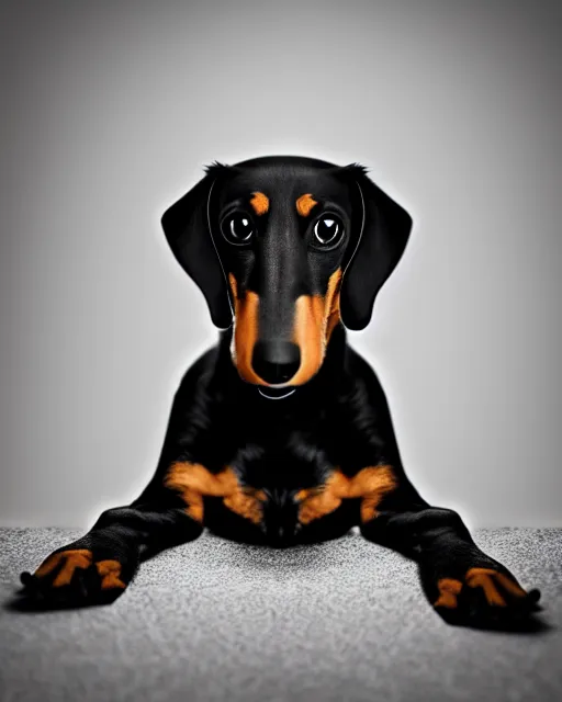 Prompt: cute dachshund mix that is black with white chest and toes, floppy ears chewing on stick, hyper realism, cinematic, dramatic ambient lighting, high detail, octane render, unreal engine, 8 k, vibrant colors, high contrast, depth of field, concept art, 3 d render, digital art, deviantart artstation, ray tracing, intricate complexity, extremely detailed,