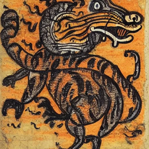 Image similar to bad drawn tiger made of smoke, lava and fire flying in the sky with many legs in a medieval manuscript, medieval manuscript, golden miniatures