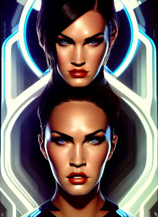 Image similar to portrait of megan fox as tron, disney, tron, disc wars, intricate, headshot, highly detailed, digital painting, artstation, concept art, sharp focus, cinematic lighting, illustration, art by artgerm and greg rutkowski, alphonse mucha, cgsociety