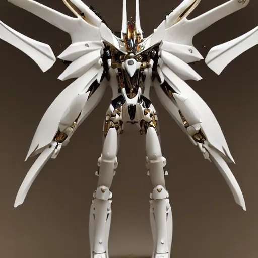 Image similar to futuristic papal mecha, ivory gundam, carved white marble mechanical exoskeleton wearing hardsurface armour, inlaid with gold, ivory rococo, wings lace wear, sculpted by spider zero, zaha hadid, trending on artstation, beautifully lit, hyper detailed, insane details, intricate