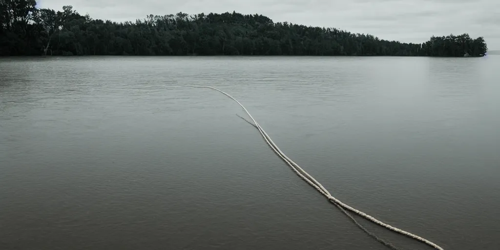 Prompt: centered photograph of a single line of big thick long rope floating on the surface stretching out to the center of the lake, a dark lake sandy shore on a cloudy day, color film, trees in the background, hyper - detailed photo, anamorphic lens