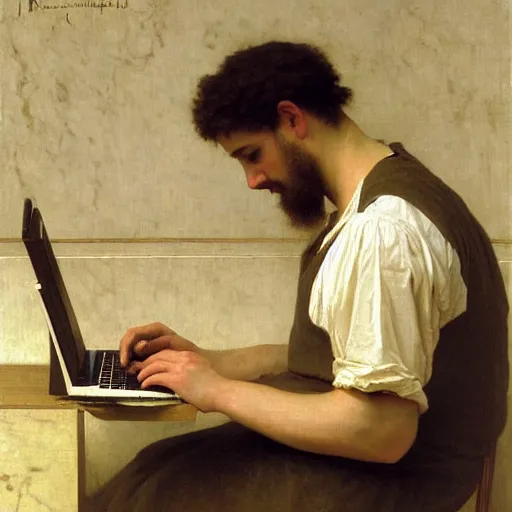 Image similar to an oil painting of an man playing a laptop, by Bouguereau, highly detailed and intricate,