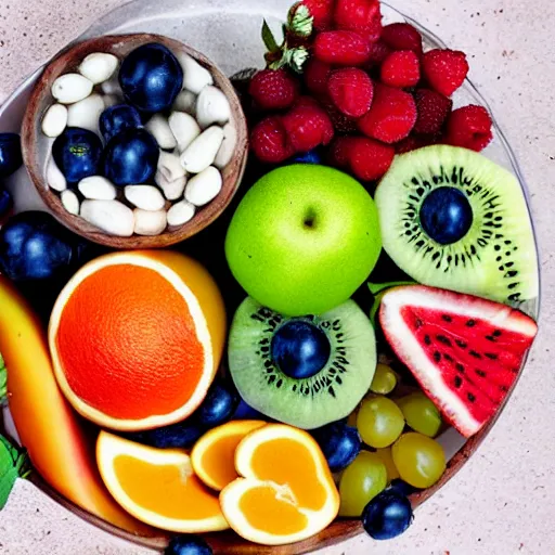 Image similar to a fruit bowl, view from above, movie still, 8 k