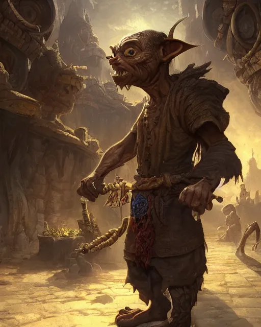 Image similar to A goblin merchant selling treasuries, highly detailed face, close-up, fantasy art, goblin art, in the style of greg rutkowski, illustration, epic, fantasy, intricate, hyper detailed, artstation, concept art, smooth, sharp focus, ray tracing