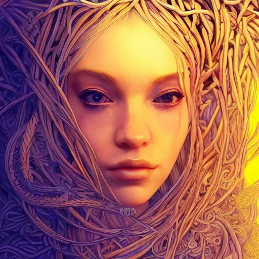 Image similar to the portrait of an unbelievably beautiful woman partially made of onion rings, an ultrafine detailed illustration by james jean, final fantasy, intricate linework, bright colors, behance contest winner, vanitas, angular, altermodern, unreal engine 5 highly rendered, global illumination, radiant light, detailed and intricate environment