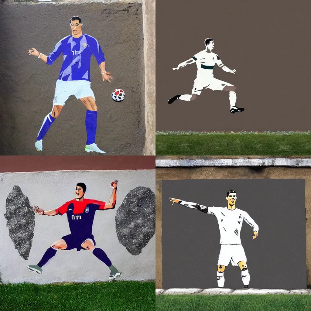 Prompt: Christiano Ronaldo as a stone wall painting