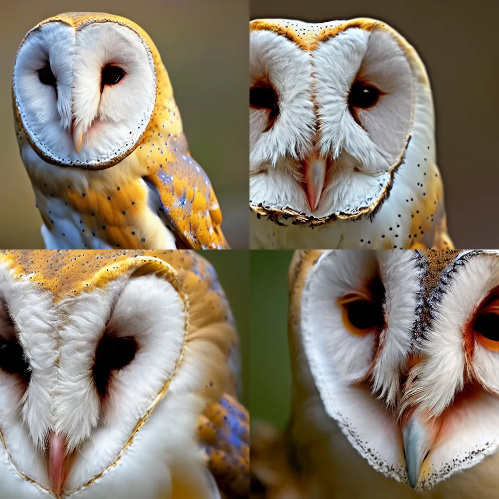 Prompt: a barn owl's sickly and marred face