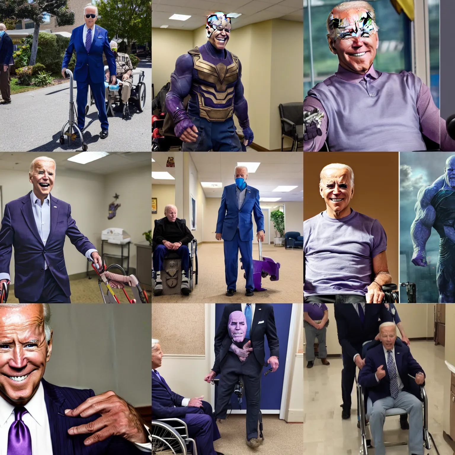 Prompt: Joe Biden dressed as Thanos from The Avengers movie, but in a nursing home and using a walker, 8k