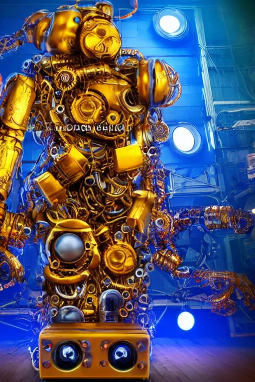 Image similar to portrait photo of a giant huge golden and blue metal humanoid steampunk robot with big gears and tubes in pieces all over the floor, eyes are glowing red lightbulbs, shiny crisp finish, 3 d render, 8 k, insaneley detailed, fluorescent colors, background is multicolored lasershow