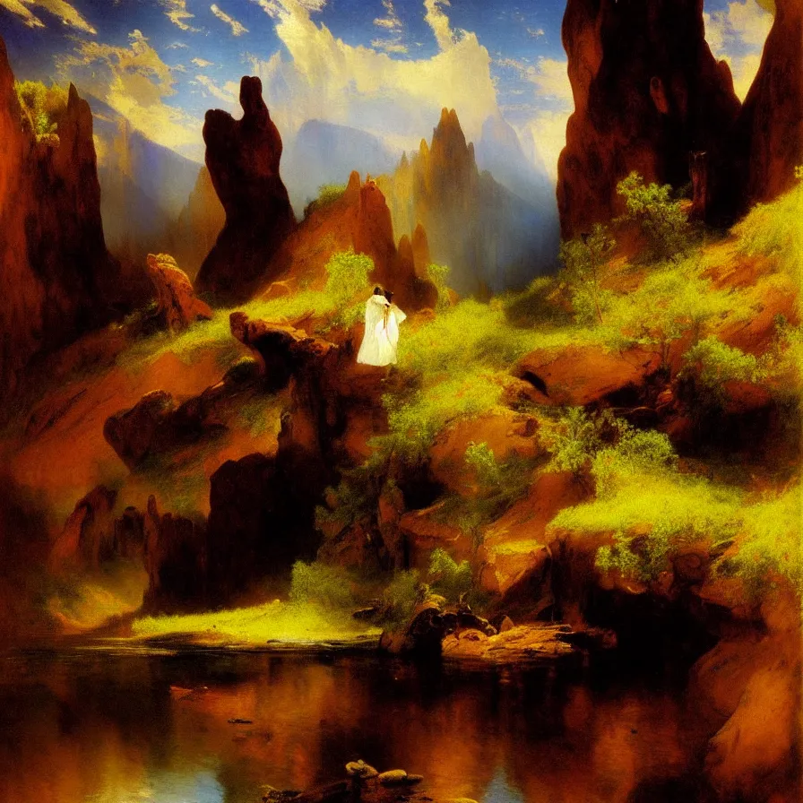 Prompt: artwork about a lonely life, painted by thomas moran and albert bierstadt. futurism, monochrome color scheme.