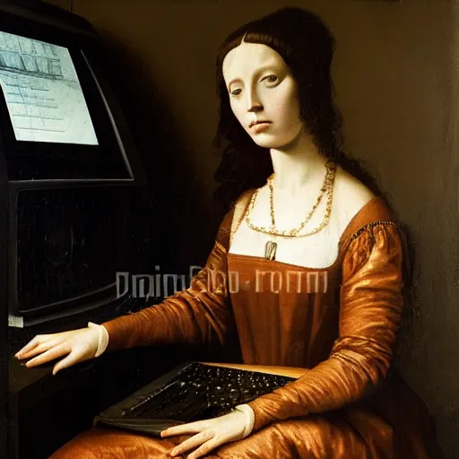 Image similar to Renaissance oil painting, creepy young lady, dark hair, typing computer keyboard staring at a giant computer screen on wall