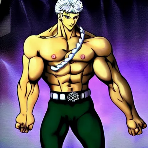 Image similar to putin in jojo bizarre adventure with a fitness muscular body, very anime style