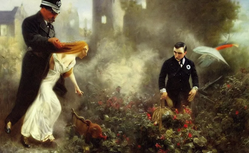 Prompt: adolf hitler sneaking out of berlin by plane to argentina by pierre auguste cot and delphin enjolras and daniel f. gerhartz