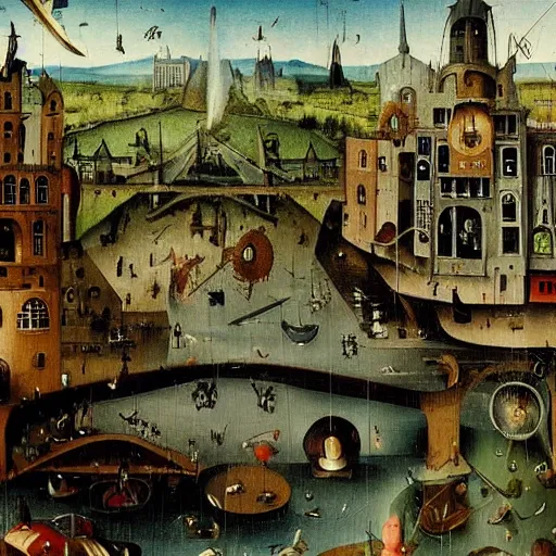 Image similar to riverside steampunk city, painting by hieronymus bosch