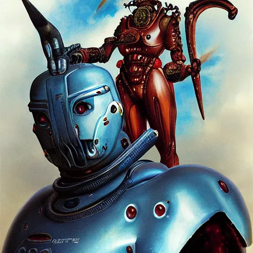 Image similar to A mixed media portrait painting of a naraka buddhist demons, sweat, aesthetic symmetrical face and eyes, photorealistic, model, wet, starship-troopers, pacific-rim-mech in background, eighties pinup style, by Frank Frazetta, Boris Vallejo, Beeple, Greg Rutkowski, Christian MacNevin, epic fantasy character art, high fantasy, CGsociety, exquisite detail, post-processing, masterpiece, cinematic