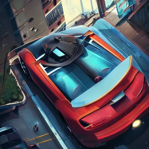 Prompt: a beautiful sport car jumping in the air over a bus in bordeaux, matte painting, art, detailed, sharp focus, dramatic, cinematic, realistic, coherent, lois van baarle, ilya kuvshinov, rossdraws