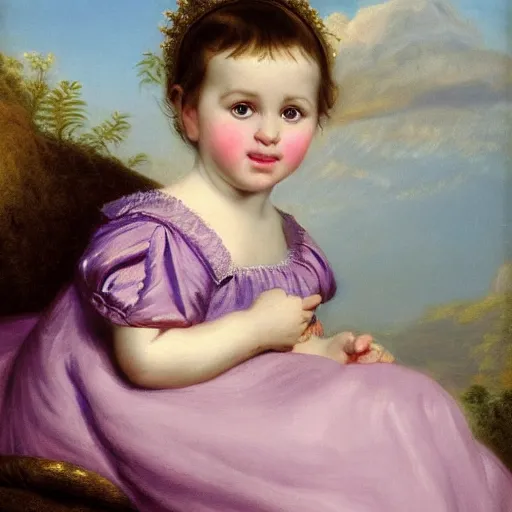 Image similar to portrait of a german toddler princess sitting down in a silk lavender gown, circa 1 8 3 7, by carl joseph begas, highly detailed, beautiful, oil on canvas, 1 8 3 0 s, romanticism