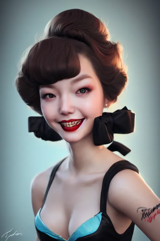 Image similar to a pin up and beautiful fashion and dreamlke girl, charming smile, by artgerm lau, & jeehyung lee & wlop, hyperdetailed, 8 k realistic, symmetrical, frostbite 3 engine, cryengine, dof, trending on artstation, trending on deviantart