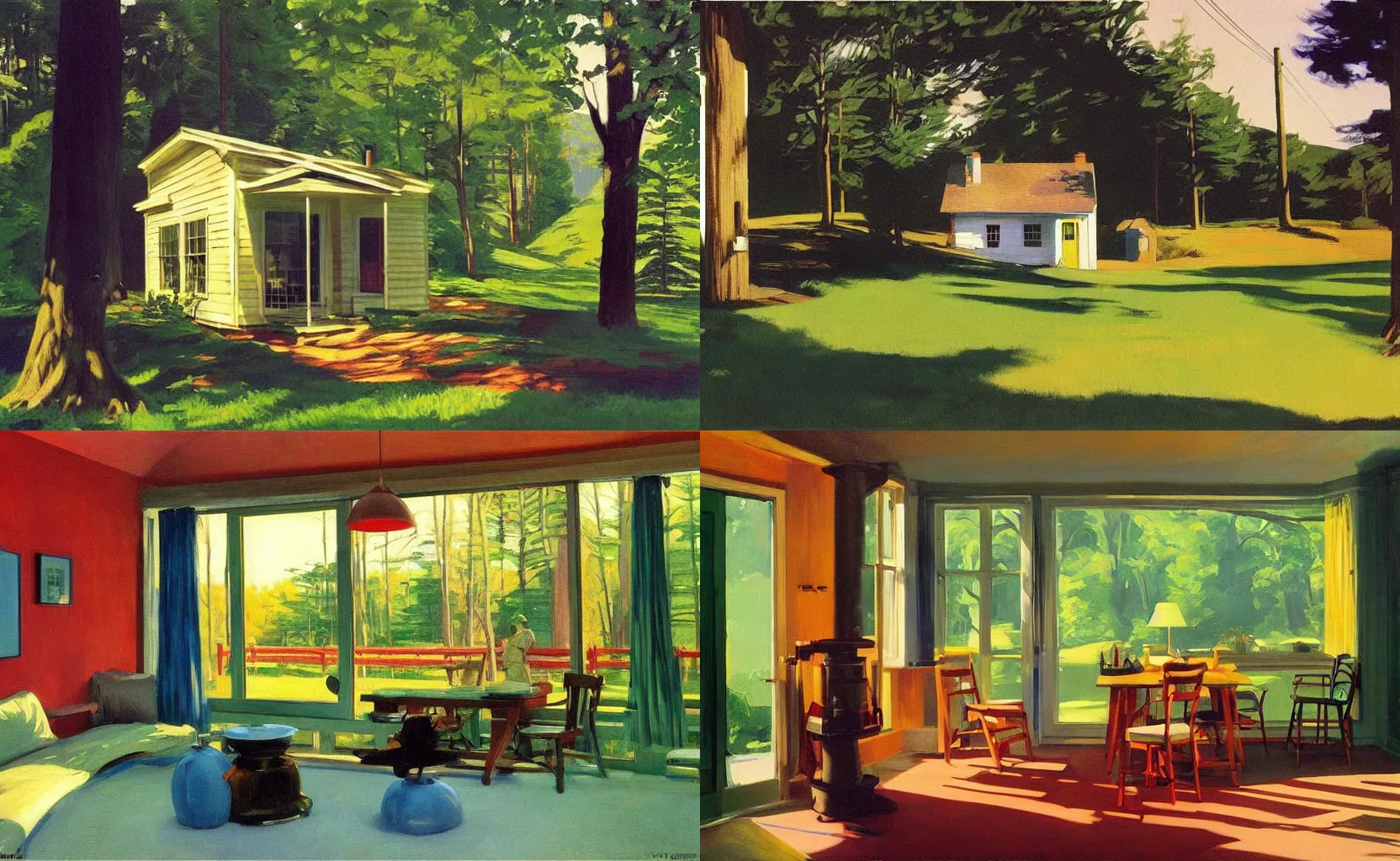 Prompt: A quaint cottage in the woods, painting by Syd Mead, Edward Hopper and William Eggleston