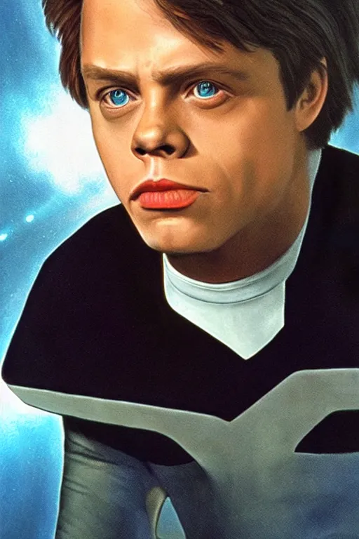 Image similar to photorealistic!! young adult mark hamill as a star trek captain, red starfleet uniform, film quality