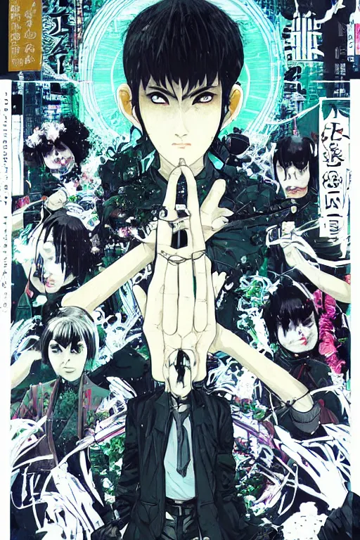 Image similar to professionally drawn seinen mature cyberpunk detective horror action manga comic cover about hinduism buddhism reincarnation cyborgs, full color, beautifully drawn coherent professional, drawn by ilya kuvshinov, ilya kuvshinov, satoshi kon and tsutomu nihei. japanese script kanji hiragana on the cover. minimalist stylized cover art. blue green cel shaded