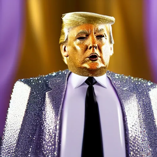 Image similar to Donald Trump with silver-violet hair, white eyes and golden glittery dress, wide lens, diorama, 4k,