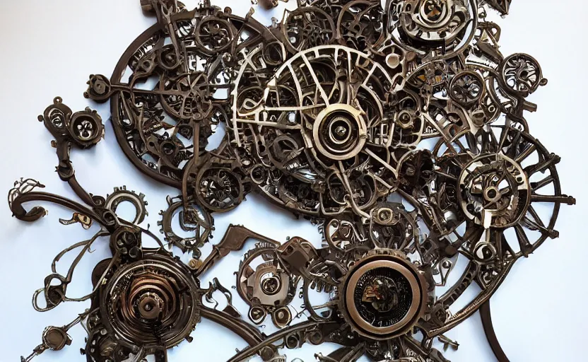 Prompt: mechanical rose of winds with small parts and intricate details, metal scapes, steampunk, art nouveau style