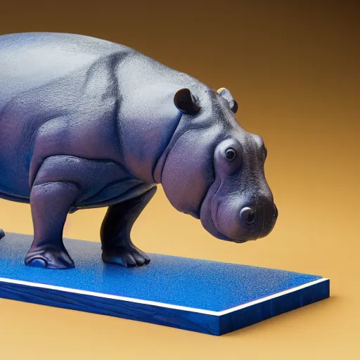 Prompt: a photo of a model hippo made of wood and resin countertop, wood mixed with blue epoxy resin river countertop, dramatic lighting, studio zeiss 1 5 0 mm f 2. 8 hasselblad, award - winning photo