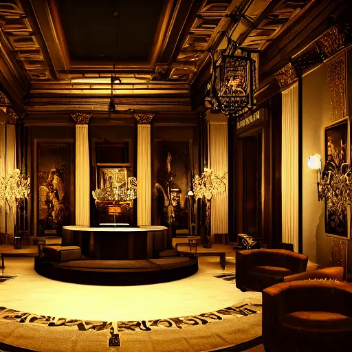 Image similar to upscale mysterious private auction, unnameable relics on display, moody lighting, extravagant details, lobby in the distance, elite