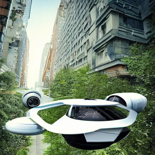 Prompt: a futuristic flying car floating through an overgrown abandoned city