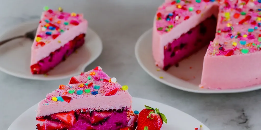 Prompt: piece of pink strawberry cake with hundreds of colorful pins stuck in it