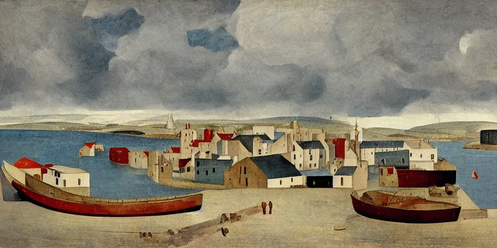 Image similar to a painting of the harbour at Stromness, orkney islands, small houses, boats, sea, stormy clouds, by Fra Angelico