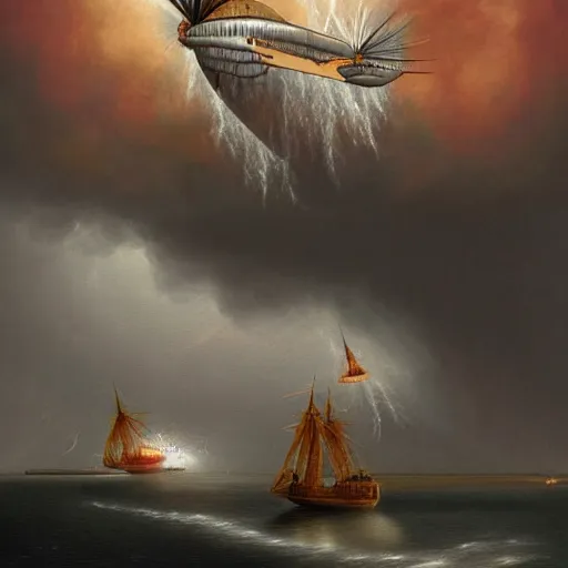 Prompt: victorian airship flying into a violent thunderstorm, red gold gray, rich, highly detailed, realistic, illustration