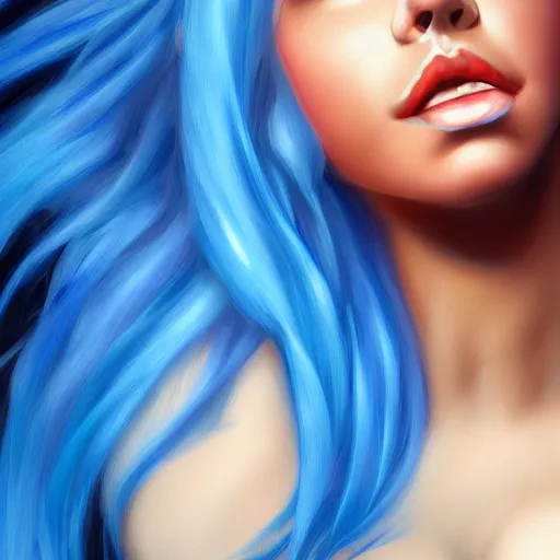 Image similar to a stunning upper body portrait of a beautiful woman with blue hair blowing in the wind by marvel comics, digital art, trending on artstation