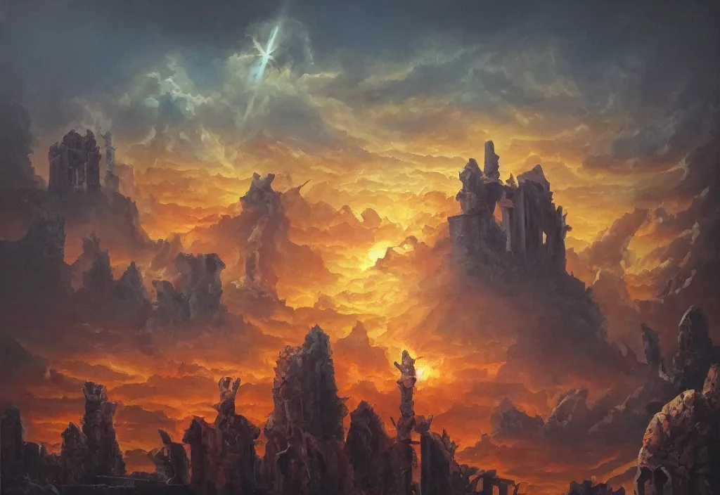 Image similar to shadow of the tyrant Sun above the ruins of the old kingdom red sun dead sky necromantic solar mythos, award winning oil painting, solar mythos palette