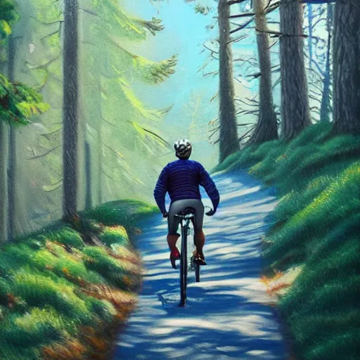 Image similar to man biking up a steep forest hill with a deep blue sweater. sweaty. Oil painting. Emotional. Trending on artstation. Steep. Trees.