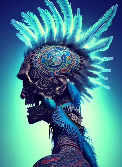 Image similar to 3 d shaman with tattoos profile portrait, sigma 5 0 0 mm f / 5. beautiful intricate highly detailed quetzalcoatl skull and feathers. bioluminescent, plasma, frost, water, wind, creature, gradient background, thunderstorm! artwork by tooth wu and wlop and beeple and greg rutkowski, 8 k trending on artstation,