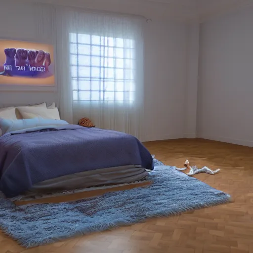 Image similar to in my bedroom my gsd puppy gets the zoomies and jumps around on the bed. the bed has a color comforter that's unmade. high energy, frenetic craziness, running, jumping, and chasing. cg animation, 3 d octane render, imax 7 0 mm, rtx,