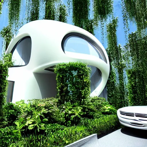 Image similar to futuristic house white covered in plants, hanging vines, motorcycle