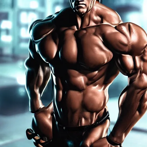 Image similar to a realistic detailed photo of a bodybuilder who is also a male android, Chris Redfield, shiny skin, posing robotically. blank stare