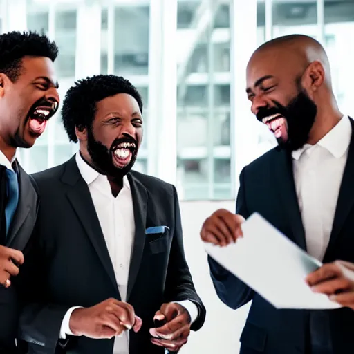 Prompt: stock photo of three black people laughing wearing suits and ties in an office building, 8k resolution, full HD, cinematic lighting, award winning, anatomically correct